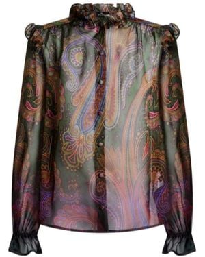 Etro Silk Shirt With Placed Degradé Paisley Print - Brown