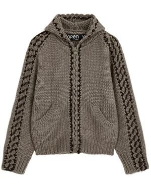 OPEN YY Seam-Stitched Zip-Up Knit Hoodie - Brown
