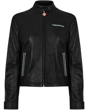 CASABLANCA Logo Zip-Up Leather Jacket - Black