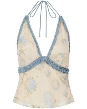 SIR. Cecile Ruffled Printed Chiffon Halter Top - Blue