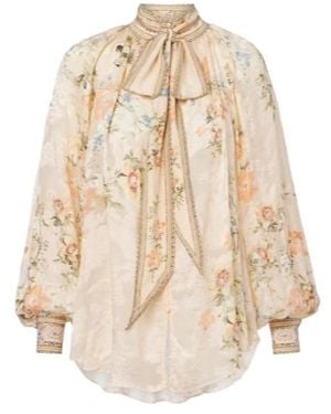 CAMILLA Embellished Floral Tie-Neck Silk-Blend Blouse - Natural