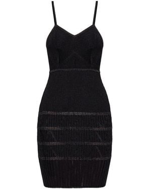 Balmain Ribbed V-Neck Mini Dress - Black