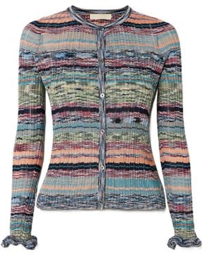 Ulla Johnson Lex Pointelle-Trimmed Striped Ribbed-Knit Cardigan - Blue
