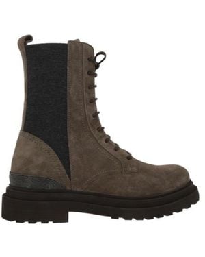 Brunello Cucinelli Lace-Up Monili-Trim Boots - Brown