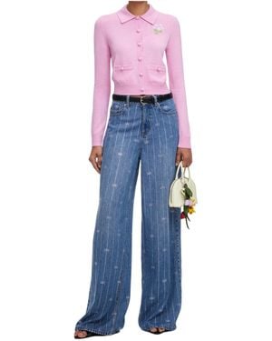 Self-Portrait Flower Embroidered Knit Cardigan - Blue