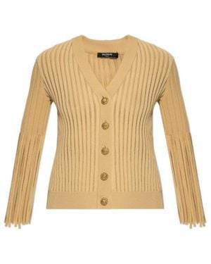 Balmain Fringed Ribbed V-Neck Cardigan - Natural