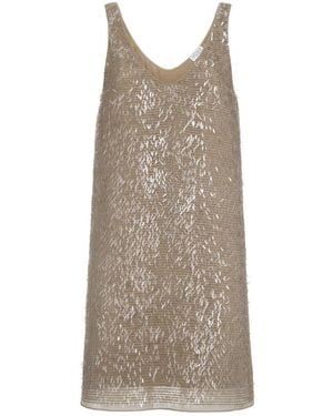 Brunello Cucinelli Embroidery Silk Mini Dress - Brown