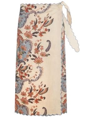 FARM Rio Scalloped Floral Wrap Skirt - Natural