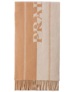 Prada Small Wool Scarf With Jacquard Logo - Natural