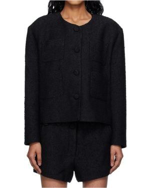 Pushbutton Collarless Tweed Jacket - Black