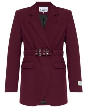 Ganni Belted-Waist Blazer - Purple