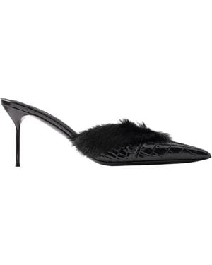 Paris Texas Plush-Trimmed Croc-Effect Leather Pumps - Black