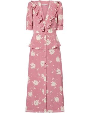 Alessandra Rich Floral Ruffled Silk Midi Dress - Pink