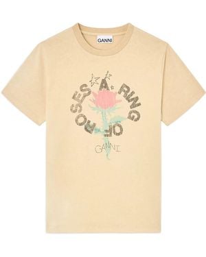 Ganni T-Shirt With Rose - Natural
