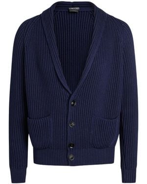 Tom Ford Shawl-Collar Ribbed Cotton And Silk-Blend Cardigan - Blue