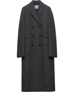 Prada Double-Breasted Gingham-Checked Mouliné Wool Coat - Black