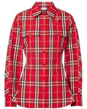 Burberry Check Peplum Cotton Shirt - Red