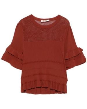 Twinset Ruffle Rib Knit Mesh Jumper - Red