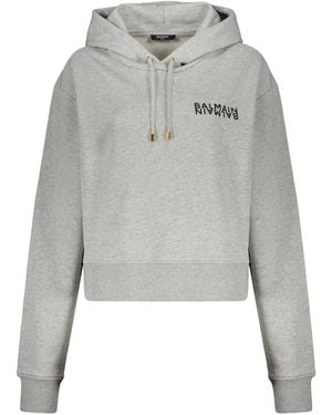 Balmain Logo Cropped Hoodie - Grey