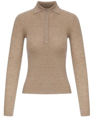 Max Mara Mxmangel Long-Sleeved Ribbed Polo Sweater - Natural