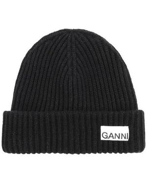 Ganni Logo Patch Oversized Knitted Beanie - Black