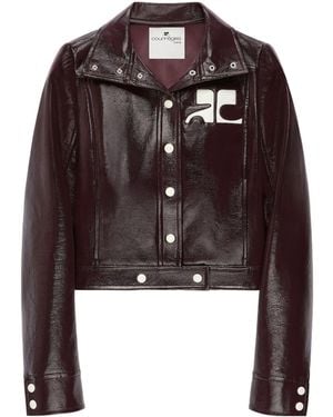 Courreges Vinyl-Effect Logo-Plaque Cropped Jacket - Brown