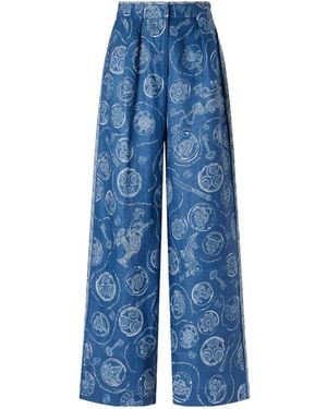 ALÉMAIS Lucky Pleated Printed Linen Wide-Leg Trousers - Blue
