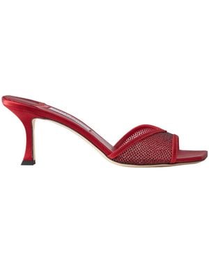 Jimmy Choo Crystal-Embellished Satin-Trimmed Mesh Mules - Red