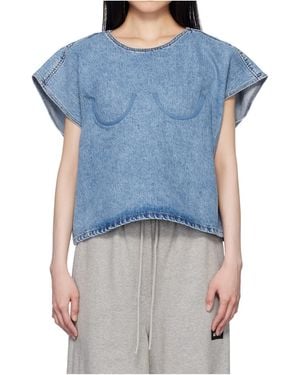 Pushbutton Crew Neck Denim Top - Blue