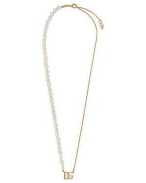 Dolce & Gabbana Logo-Pendant Pearl-Chain Necklace - White