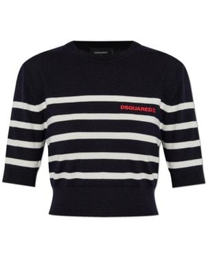 DSquared² Logo Embroidered Striped Cropped Jumper - Blue