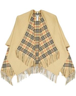 Burberry Plaid Fringed Cape Shawl - Natural