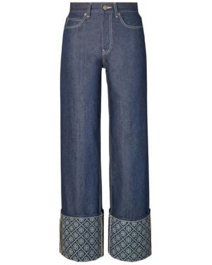 Tory Burch T Monogram Contrast Cuff Straight Leg Jeans - Blue