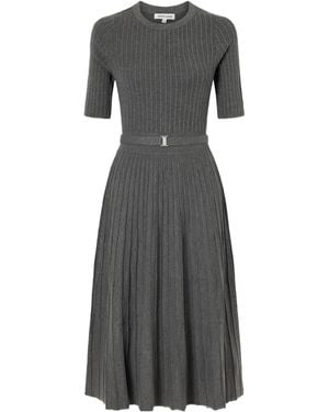 Veronica Beard Elthea Belted Pleated Ribbed-Knit Midi Dress - Grey
