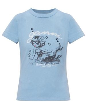Ganni Logo Printed Crewneck T-Shirt - Blue