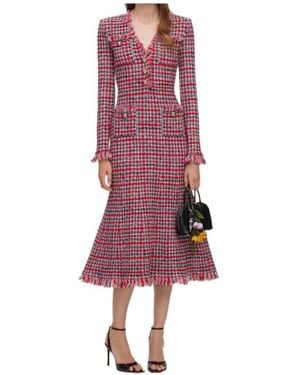 Self-Portrait Check Frayed Knit Midi Dress - Red