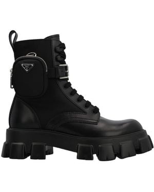 Prada Round Head Lace-Up Short Boots With High Side - Black