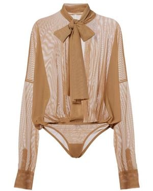 Norma Kamali Sheer Tie-Neck Mesh Bodysuit - Natural