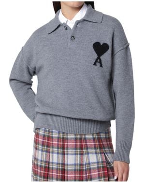 Ami Paris Ami De Coeur Polo Sweater - Gray