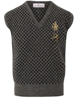 Vivienne Westwood Checkerboard-Knit Orb-Embroidered Sleeveless Jumper - Black