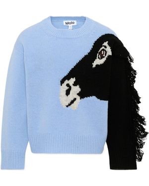 Molo Griselda Horse-Intarsia Fringed Sweater - Blue
