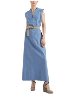 Brunello Cucinelli V-Neck Sleeveless Belted Midi Dress - Blue