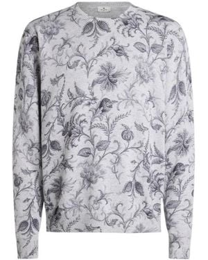 Etro Cotton-Blend Sweater With Floral Motif - Gray