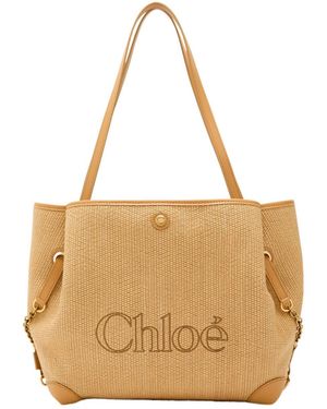 Chloé Clover Logo-Embroidered Raffia Tote Bag - Natural