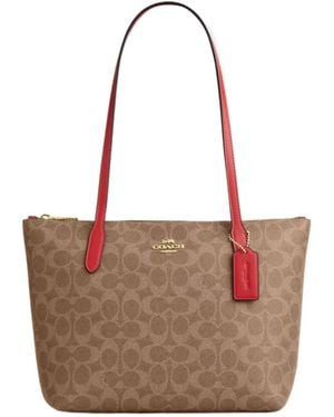 COACH Fiona Classic Signature Zipper Tote Bag - Brown
