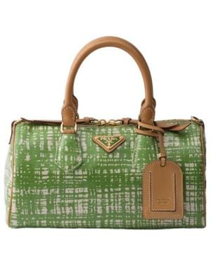 Prada Small Linen Blend And Leather Top-Handle Bag - Green