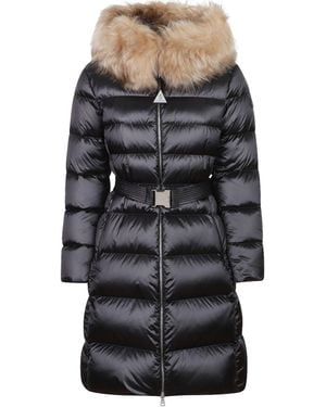 Moncler Leersies Shearling Trimmed Hooded Long Down Coat - Black