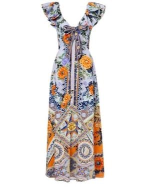 CAMILLA Printed Linen And Silk Maxi Dress - Blue