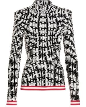 Balmain Monogram-Print Roll-Neck Sweater - Black