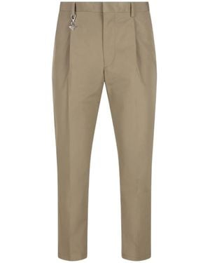 Prada Pleated Cotton Trousers With Charm - Natural